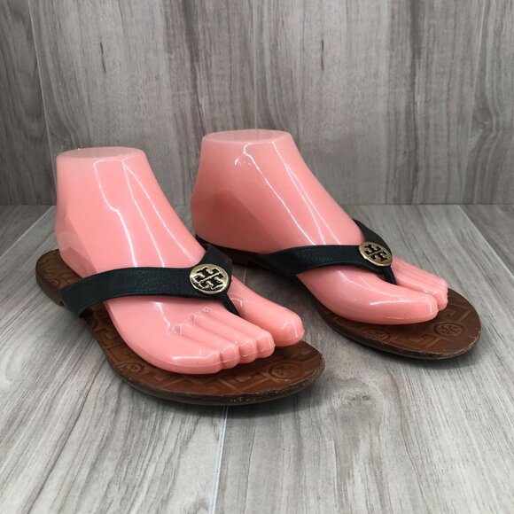 Tory Burch Flip Flops Womens 8M Black Leather Slip On Sandals - Picture 1 of 12